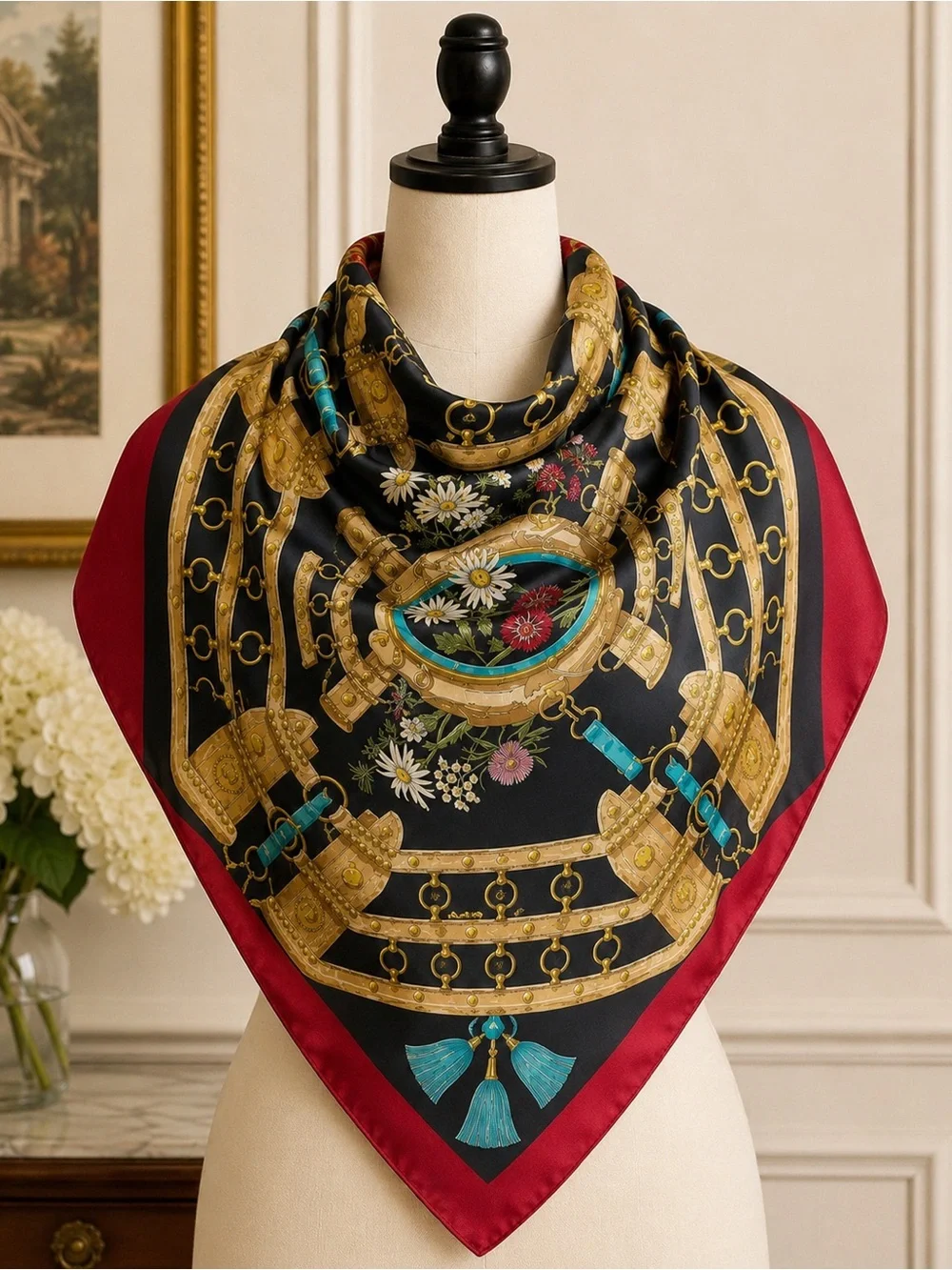 Hermès “Aux Champs” Silk Scarf – Equestrian Floral Design